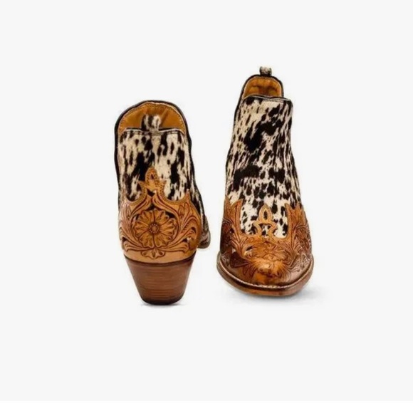 Myra West Street Booties Tooled Leather cowhide Memory Foam Hair On Hide Western - Picture 4 of 8